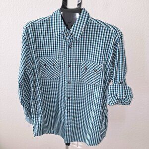 BEVERLY HILLS POLLO CLUB MEN L BLACK, TURQ, GRAY, WHITE PLAID LONE SLEEVE SHIRT